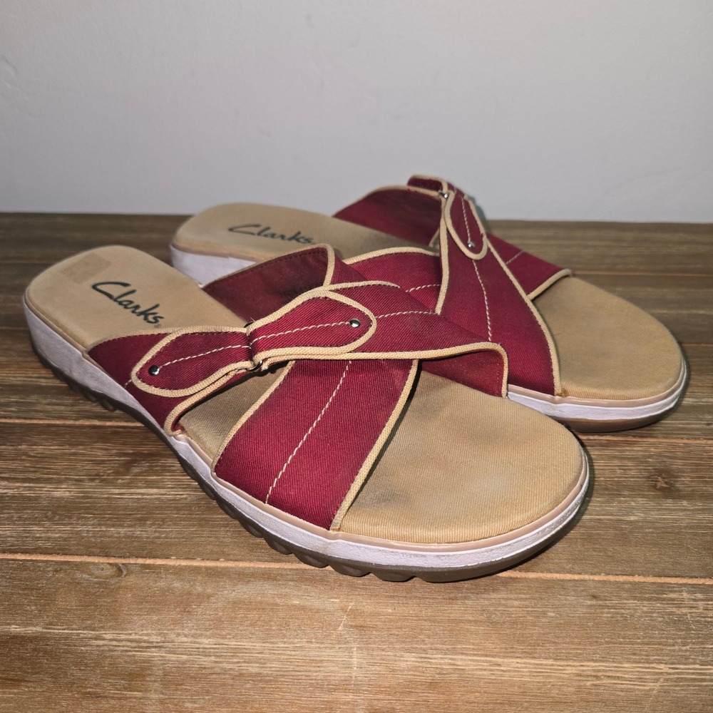 Clarks Red Canvas Slide Sandals Women 10 Adjustable Strap